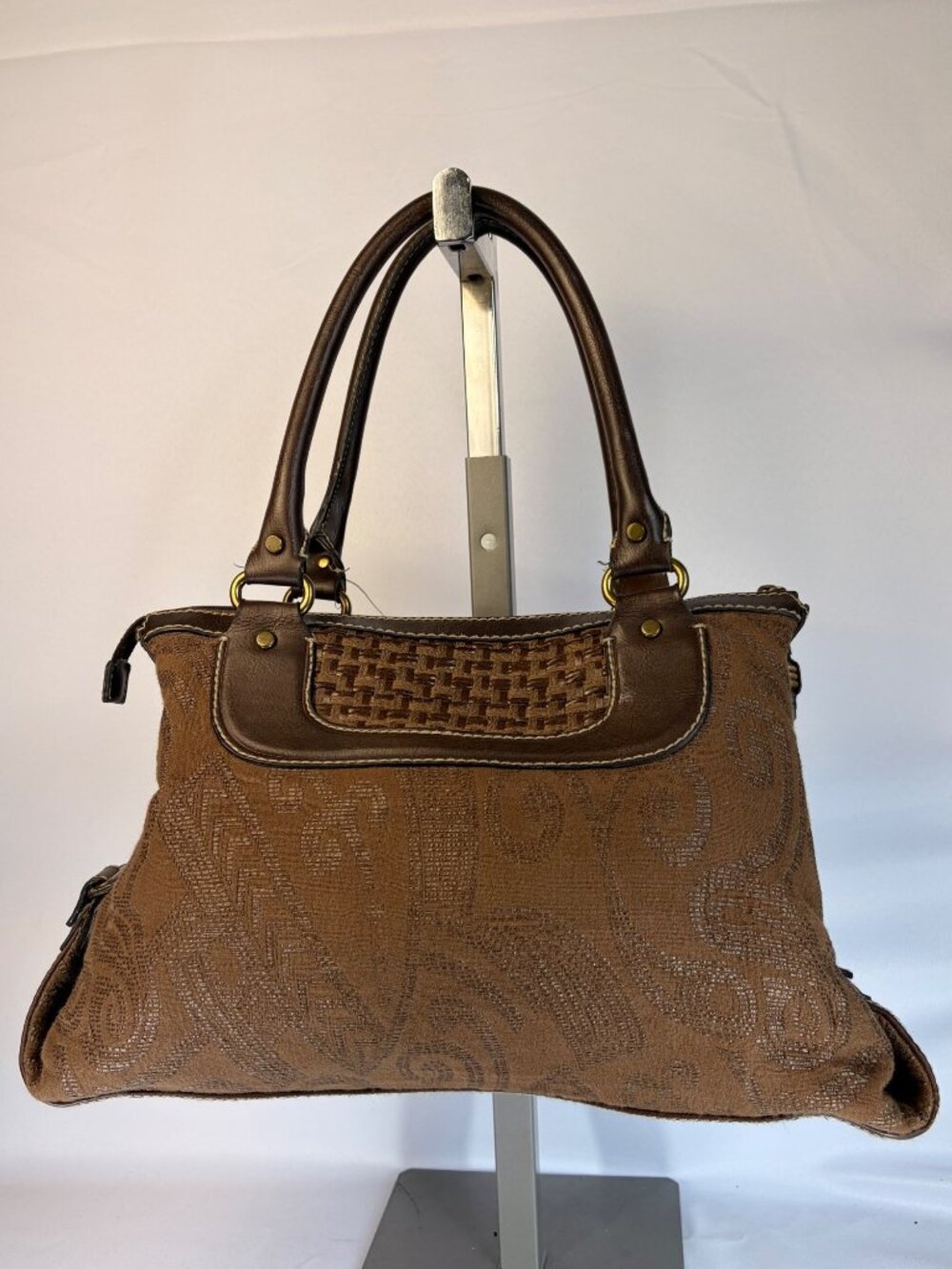 Vintage Fossil Satchel Shoulder Bag Brown Leather Tapestry Carpet Casual Boho